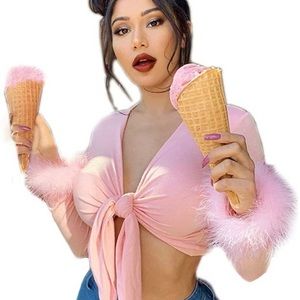 Pink tie-up crop top feather trim